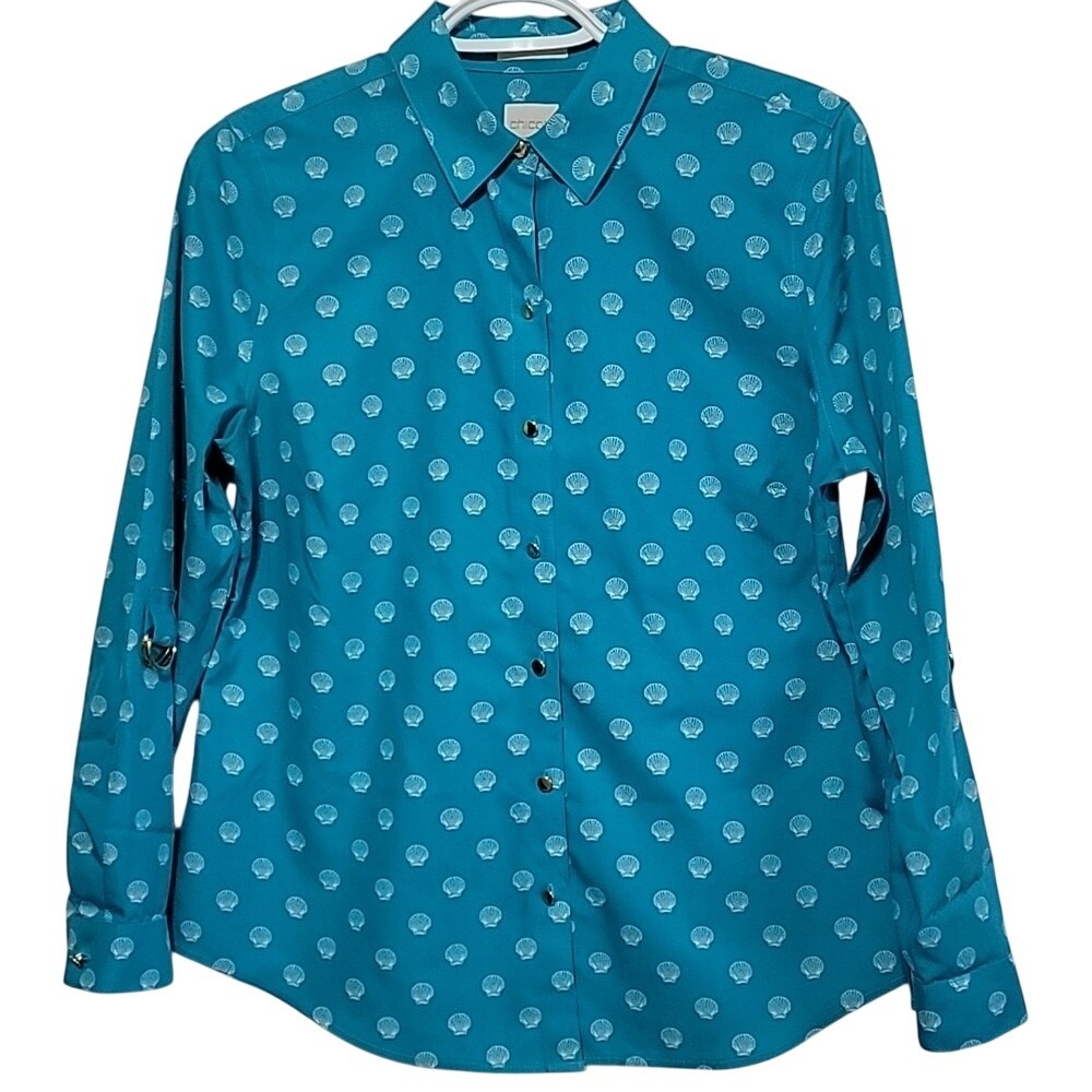 Chicos No Iron Shell Print Button Up Shirt Teal Blue Coastal Petite Size 0P US 4